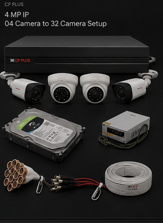 Professional CP Plus surveillance hardware arranged on a dark studio surface